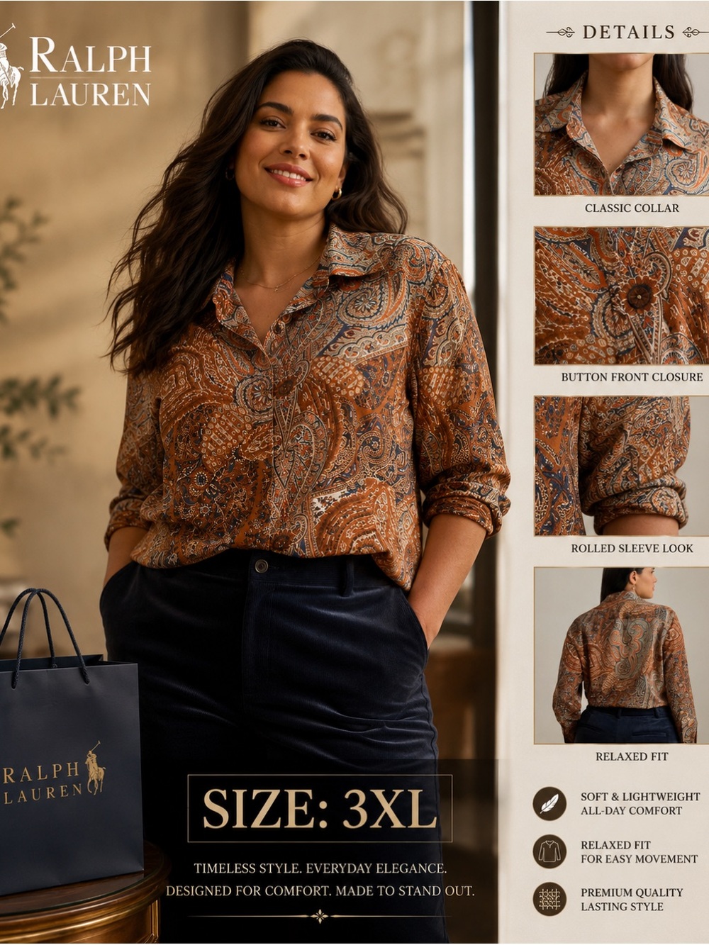 Ralph Lauren Women's Paisley Button-Down Shirt in Brown & Cream